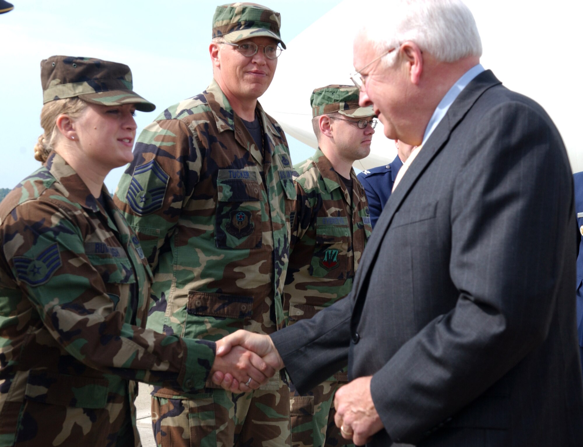 Vice President Dick Cheney shakes hands with Staff Sgt. Katjie Rumbaugh Sept. 22.  The vice president visited Pittsburgh and thanked six men and women of the Pennsylvania Air National Guard (171st Air Refueling Wing and the 258th Air Traffic Control Squadron) and two members of the Pennsylvania Army National Guard for their service in Iraq and Afghanistan.  (U.S. Air Force photo/Master Sgt. Mark Winkloski)