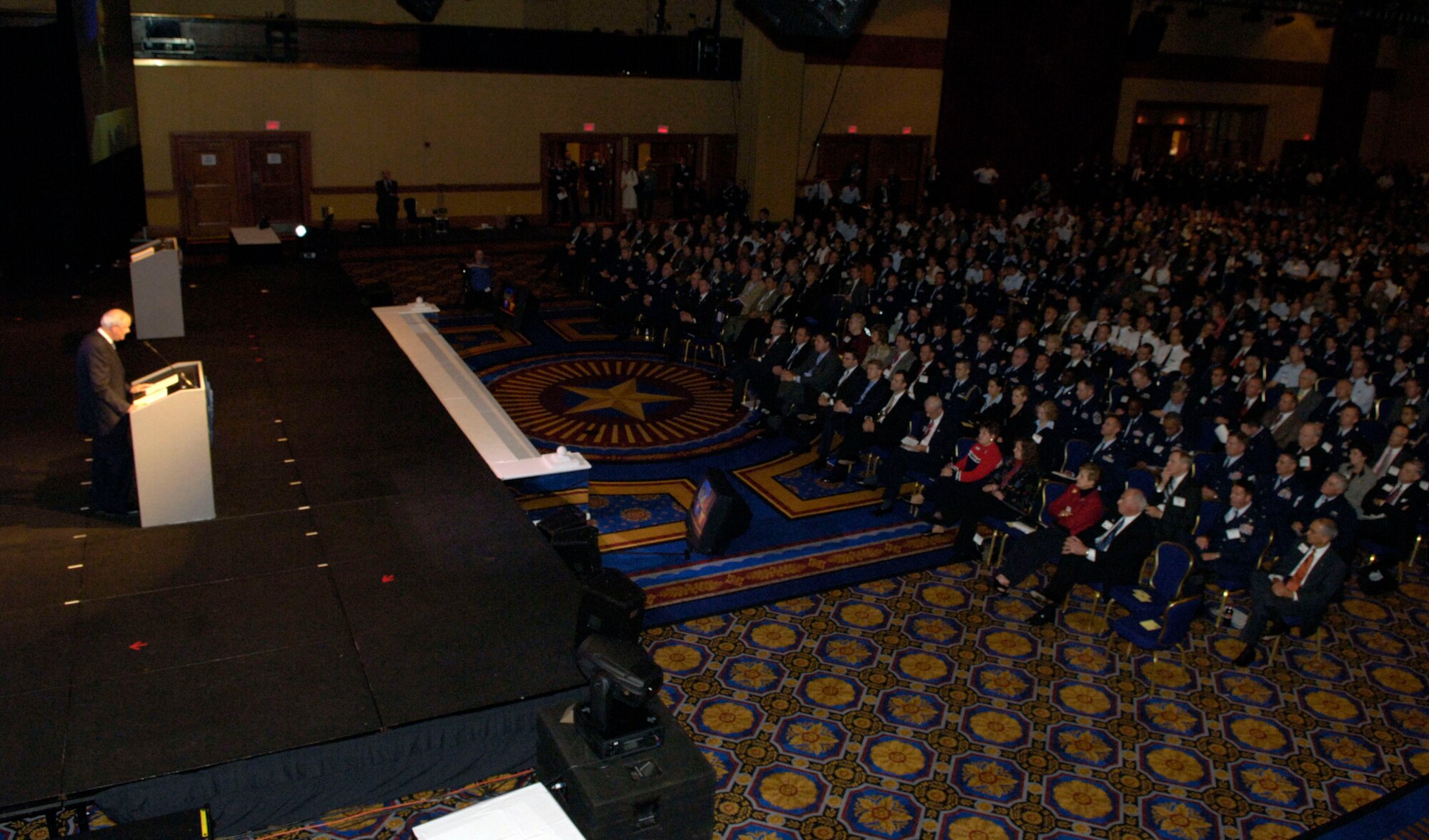 Secretary of the Air Force Michael W. Wynne addresses the audience during his State of the Force remarks at the Air Force Association's Air & Space Conference and Technology Exposition on Sept 24 in Washington D.C. The conference will last for three days and will cover the newest technology and also have career enhancement seminars. (U.S. Air Force photo/Tech. Sgt. Cohen A. Young)