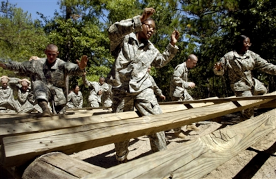 U.S. Army recruits make their way through an obstacle during the confidence course portion of basic military training at Fort Jackson, S.C., Sept. 20, 2006. The overall purpose of basic training is to transform young American volunteers into disciplined, motivated, physically fit soldiers.