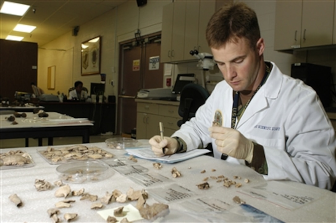 Cmdr. Kevin Torske, U.S. Navy, a senior forensic odontologist, catalogs the dental remains of a possible service member at the Joint POW/MIA Accounting Command headquarters at Hickam Air Force Base, Hawaii, on Sept. 21, 2006.  The mission of the command is to achieve the fullest possible accounting of all Americans missing as a result of the nation's past conflicts.  