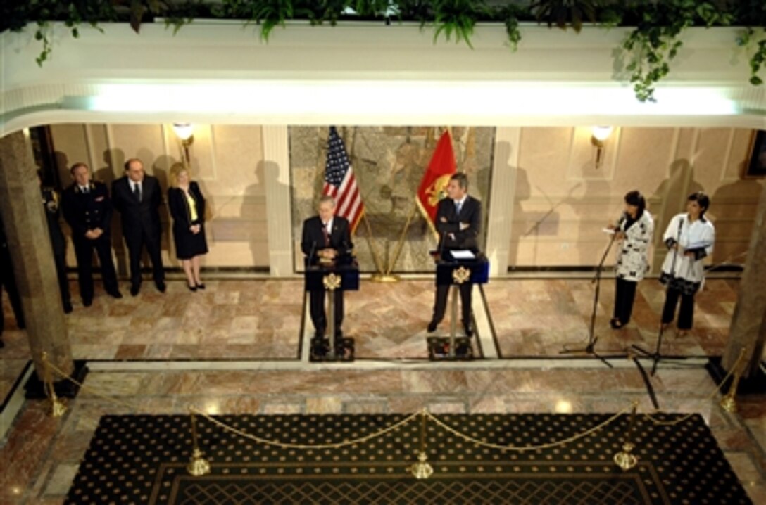 Defense Secretary Donald H. Rumsfeld answers questions during a press availability with Prime Minister of Montenegro Milo Djukanovic at Villa Gorica, Montenegro, Sept. 26, 2006. Rumsfeld is visiting Montenegro, the world’s newest country, to recognize its independence.