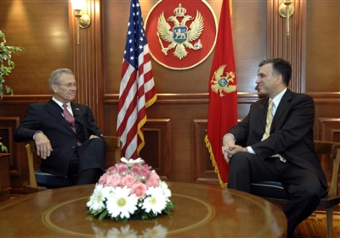 Defense Secretary Donald H. Rumsfeld meets with the President of Montenegro Filip Vujanovic at Villa Gorica, Montenegro, Sept. 26, 2006.  