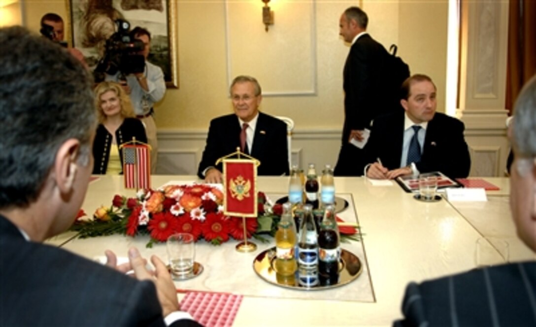 Defense Secretary Donald H. Rumsfeld meets with the Prime Minister of Montenegro Milo Djukanovic at Villa Gorica, Montenegro, Sept. 26, 2006. Rumsfeld is visiting Montenegro, the world’s newest country, to recognize its independence and encourage its integration with the rest of Europe. This is the secretary's first visit to the country.
