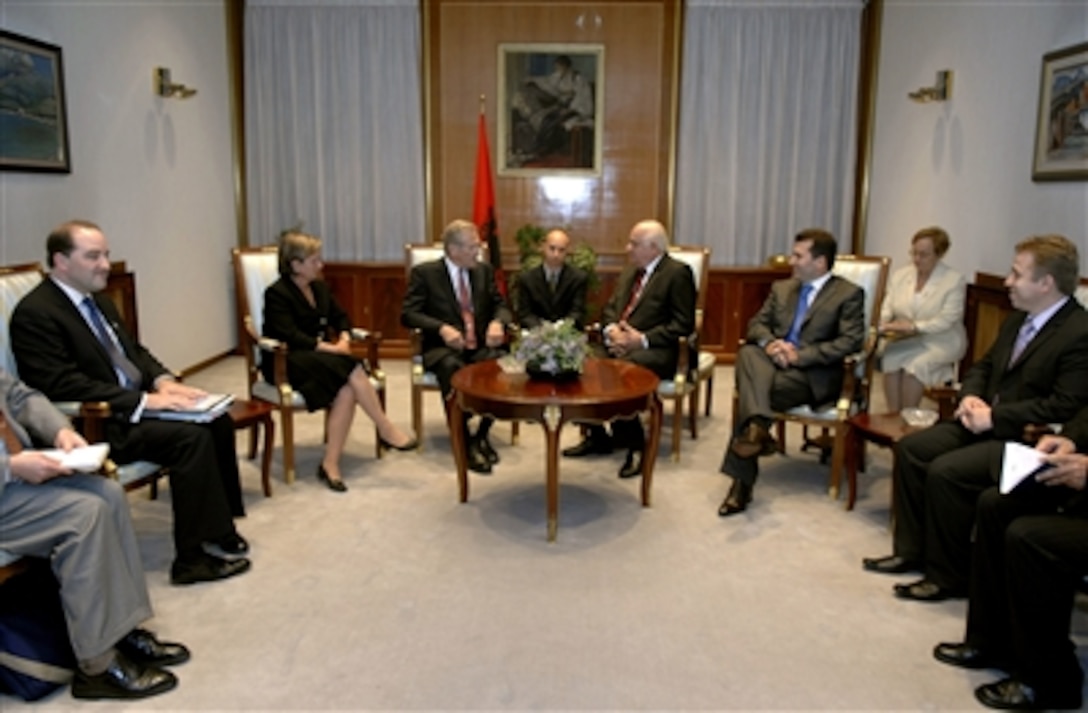 Defense Secretary Donald H. Rumsfeld meets with Albanian President Alfred Moisiu at the President's office in Tirana, Albania, Sept. 26, 2006.  Rumsfeld is visiting Albania to attend the South Eastern European Defense Ministerial, to recognize and encourage Albania’s continuing efforts to join NATO. 
