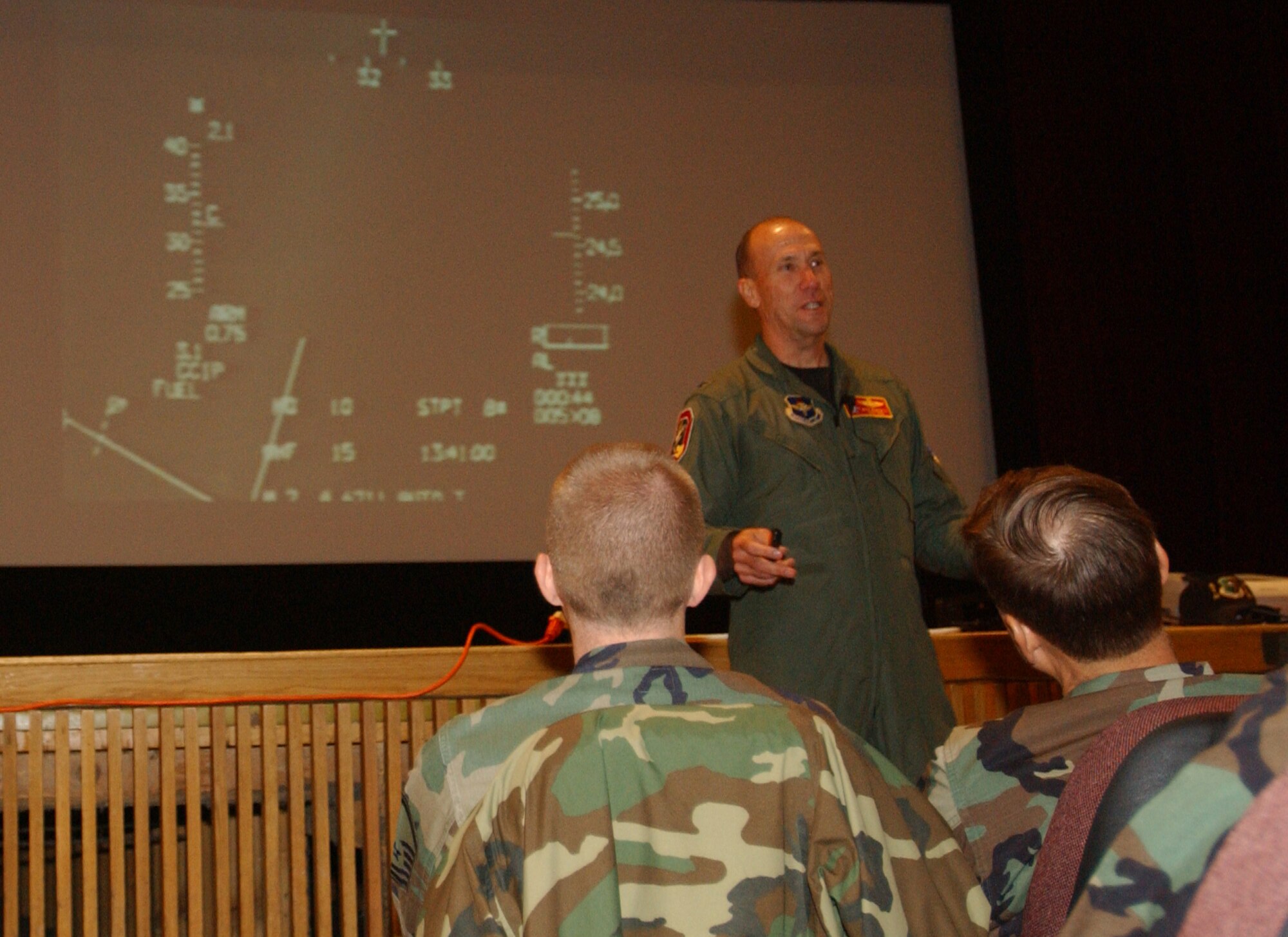 MINOT AIR FORCE BASE, N.D.  -- Col. Mike Roberts, 178th Fighter Wing vice commander, from Springfield Air National Guard Base, Ohio, talks to Airmen at the base theater about his experiences as a former POW. Colonel Roberts used his cockpit’s heads up display video from the evening of January 19, 1991 to describe how his F-16 was shot down during a bombing raid over Baghdad, Iraq during Operation Desert Storm. The colonel was the guest of honor during the base’s POW/MIA Recognition Day Sept. 22. (U.S. Air Force photo by Staff Sgt. Joe Laws)
