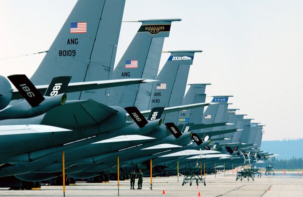 Numerous KC-135 Stratotankers sit on the flightline at Eielson Air Force Base, Alaska. Air Force officials announced the selection of the Northrop Grumman company to replace the aging KC-135 Stratotanker fleet. Up to 179 of the new air refuelers, called the KC-45A, is expected to enter the test phases in 2010 with the first mission-capable aircraft by 2013. (U.S. Air Force photo/Staff Sgt. Joshua Strang)