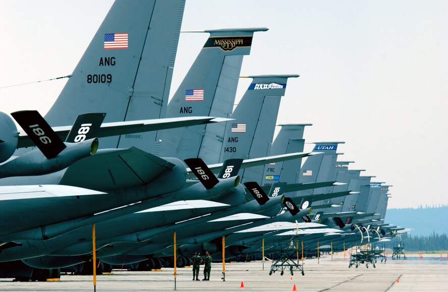 Numerous KC-135 Stratotankers sit on the flightline at Eielson Air Force Base, Alaska. Air Force officials announced the selection of the Northrop Grumman company to replace the aging KC-135 Stratotanker fleet. Up to 179 of the new air refuelers, called the KC-45A, is expected to enter the test phases in 2010 with the first mission-capable aircraft by 2013. (U.S. Air Force photo/Staff Sgt. Joshua Strang)