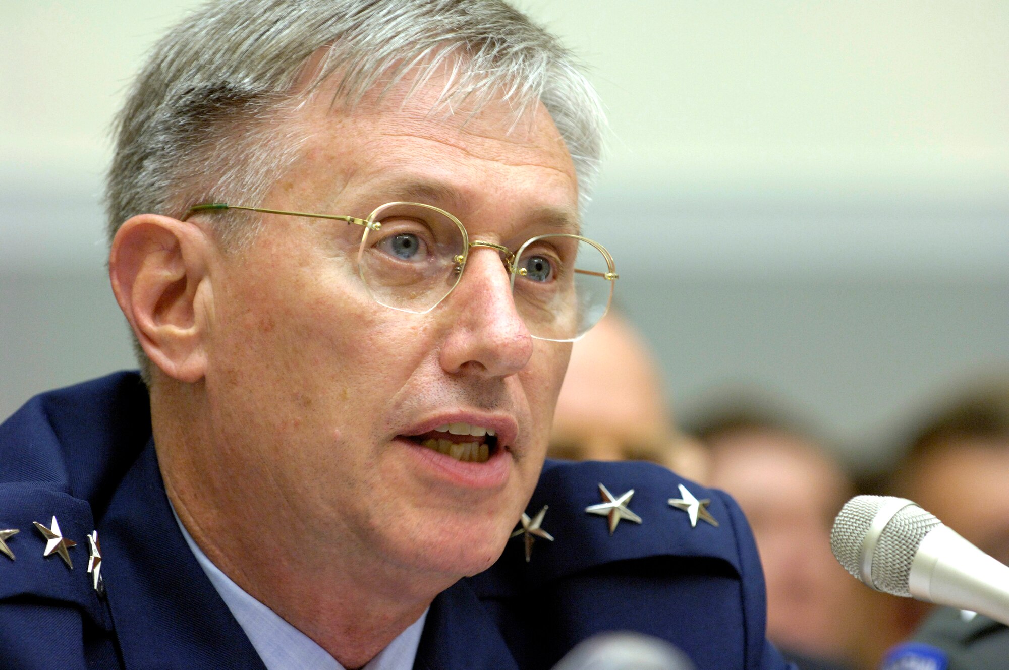 Lt. Gen. Roger A. Brady answers questions during a hearing before the House Armed Services Committee in 2005. General Brady, Air Force deputy chief of staff for manpower and personnel, spoke at the 2006 Air Force Association Air and Space Conference in Washington, D.C., Sept. 26. He said reducing the number of Airmen in the service is never easy business, but it's absolutely necessary to recapitalize today's service. (U.S. Air Force photo/Master Sgt. Jim Varhegyi)
