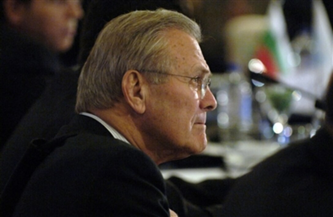 Defense Secretary Donald H. Rumsfeld attends the Southeastern Europe Defense Ministerial press conference in Tirana, Albania, Sept. 27, 2006. Rumsfeld is visiting Albania to recognize and encourage its continuing efforts to join NATO and to thank its troops for their service in Iraq and Afghanistan. 