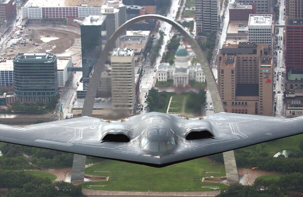 General Ronald E. Keys, Air Combat Command commander, said the Air Force is looking to get a next-generation long-range bomber by 2018.  The command is funded for a new bomber, he said during his presentation Sept. 26 at the Air Force Association's Air & Space Conference and Technology Exposition in Washington D.C.  Meanwhile, the current bomber fleet, including this B-2 Spirit, flying over the St. Louis Arch, will continue to be a mainstay in the war on terrorism.  (U.S. Air Force photo/Tech. Sgt. Justin D. Pyle)