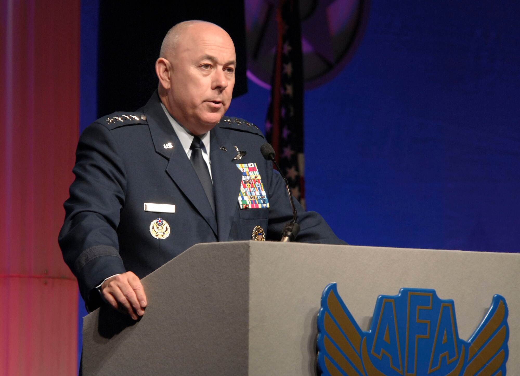 Air Force Chief of Staff General T. Michael Moseley explains how the Air Force has undertaken new initiatives to continue providing air power to the joint fight during the Air Force Association's Air & Space Conference and Technology Exposition here on Sept 26.  The conference, which ran for three days in Washington D.C., featured General Moseley, Secretary of the Air Force Michael W. Wynne, and other key Air Force leaders.  (U. S. Air Force photo/TSgt Cohen A. Young)