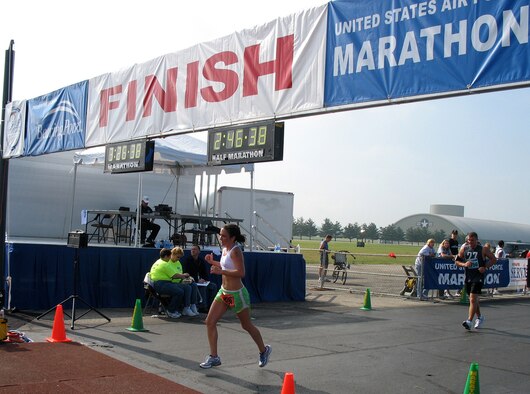 Senior Airman Rendi Everhart, 375th Dental Squadron lab technician, lead the woman's division in the Air Force Marathon Sept. 16 at Wright-Patterson Air Force Base, Ohio. Airman Everhart finished the 26.2 mile course in 3 hours, 26 minutes and 39 seconds.