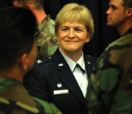 Col. Elaine Barron meets her new troops after taking command of the 512th Mission Support Group during a ceremony held Sept. 10 at the Landings Club. The 512th MSG is part of the 512th Airlift Wing, and Air Force Reserve Command unit at Dover Air Force Base, Del.