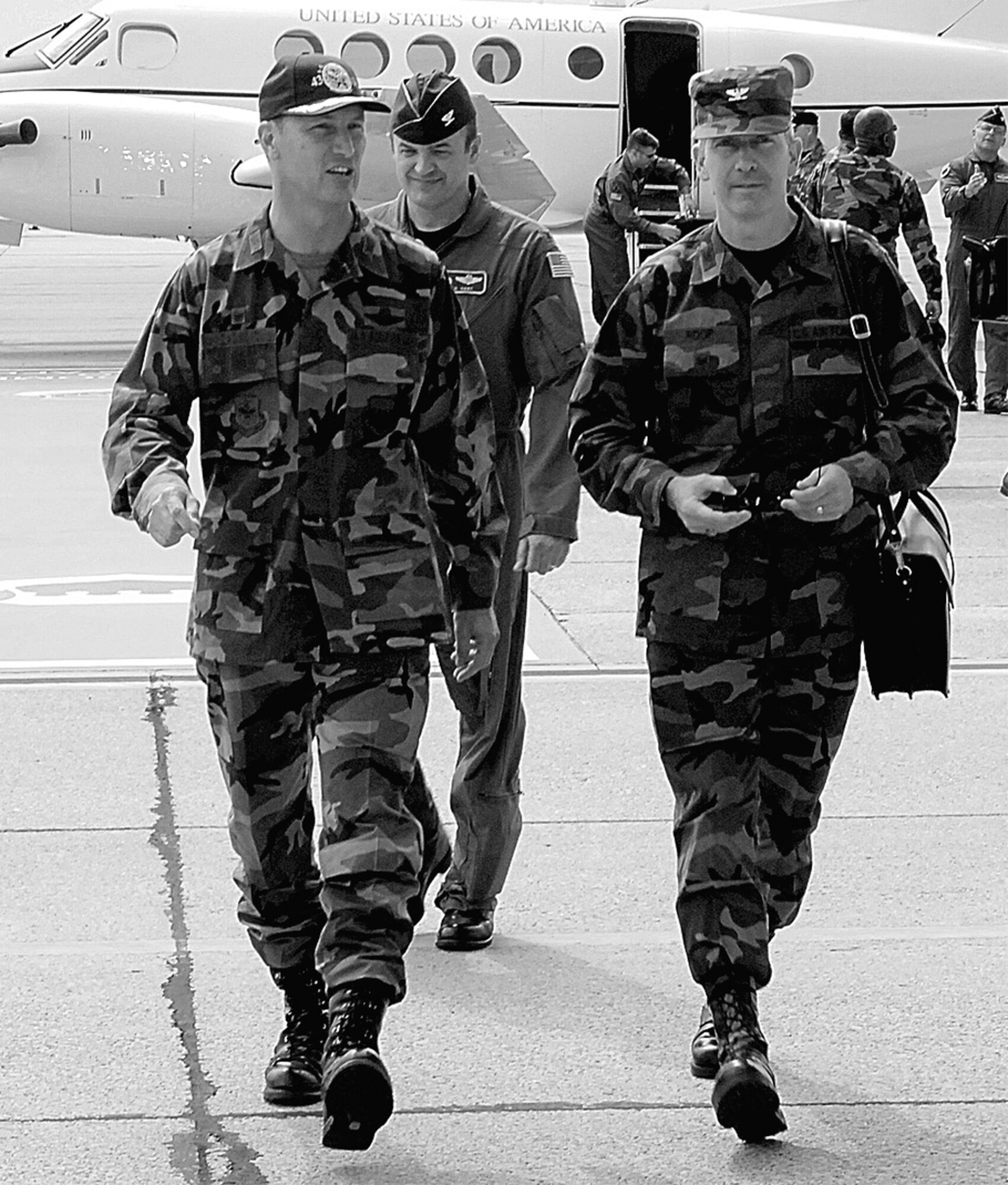 Col. Timothy Zadalis, 43rd Airlift Wing commander, greets Col. Jon Roop, Air Mobility Team Installation Excellence Award inspector, and his team Tuesday. The AMC IEA team is visiting bases withing the command to select the installation with the best mission capabilities, motivation and people. Pope is hope to reclaim the honor for a second year running. (U.S. Air Force photo/ Mike Murchison)