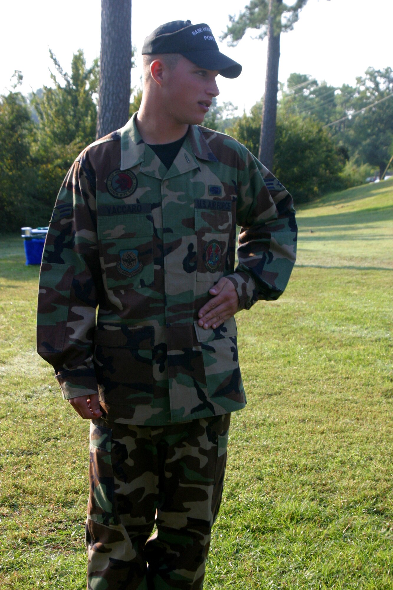 Senior Airman John Vacarro, Pope Ceremonial Knight, demonstrates a close interval movement during honor guard practice. (U.S. Air Force photo/ 1Lt. Lisa Ferguson)
