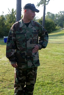 Senior Airman John Vacarro, Pope Ceremonial Knight, demonstrates a close interval movement during honor guard practice. (U.S. Air Force photo/ 1Lt. Lisa Ferguson)