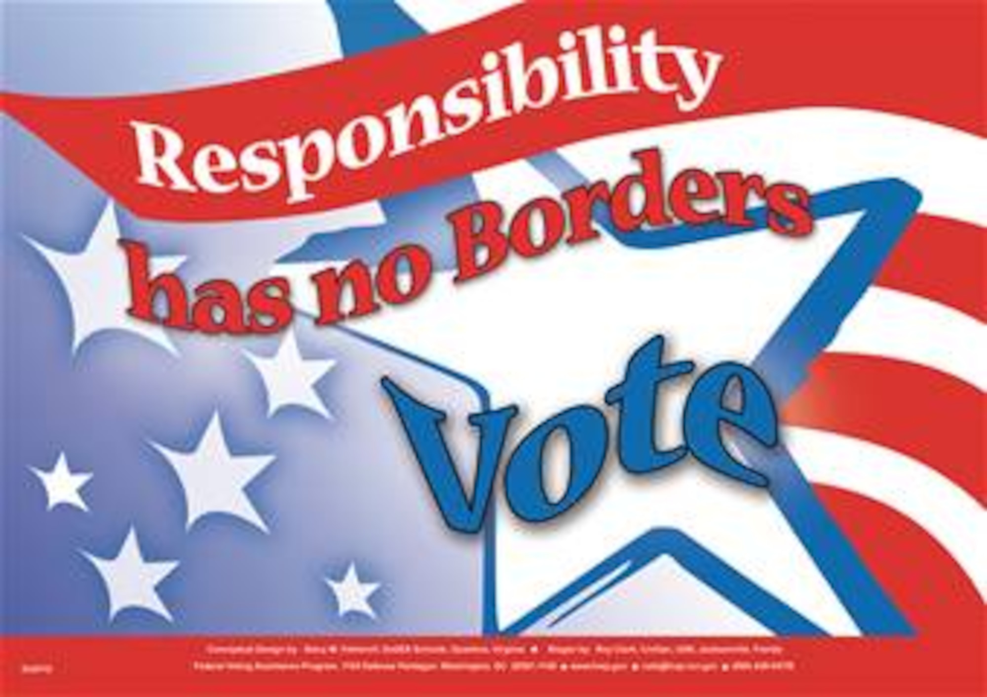 Voting No Boarders Poster.  Poster provided by the Department of Defense Federal Voting Assistance Program and is available as a PDF up to 22x15.5 inches.  Download at: http://www.fvap.gov/vao/posterdownloads.html. 