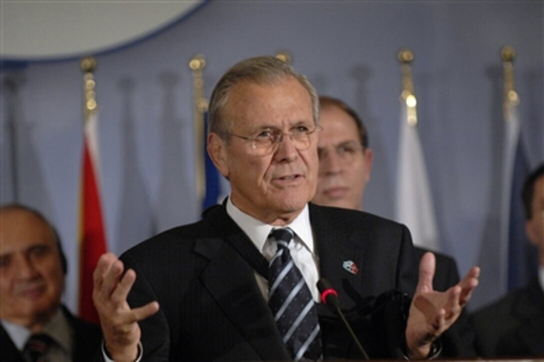 Secretary of Defense Donald H. Rumsfeld responds to a question during the South Eastern European Defense Ministerial press conference in Tirana, Albania, on Sept. 27, 2006.  Rumsfeld is also visiting Albania to thank its troops for their service in Iraq and Afghanistan.  