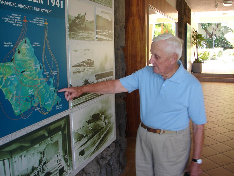 HICKAM AIR FORCE BASE, Hawaii -- After 65 years, Raymond D. Stehle returns to Oahu, Hawaii, to remember the attack on Dec 7, 1941, and share his story with his family.  Mr. Stehle was a U.S. Army Private stationed at Bellows Army Air Field during the attack and later served as a B-24 bomber navigator, flying 36 combat missions in the Pacific. (U.S. Air Force photo by Major Bradley Jessmer)