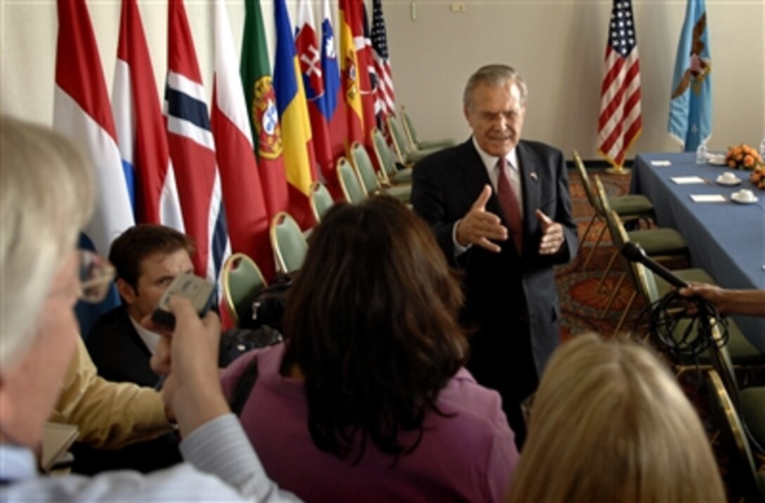 Defense Secretary Donald H. Rumsfeld responds to a question during a press meeting at Portoroz, Slovenia, Sept. 29, 2006. Rumsfeld visited Slovenia to attend the NATO Defense Ministerial and conduct bilateral discussions with Slovenian leaders. 