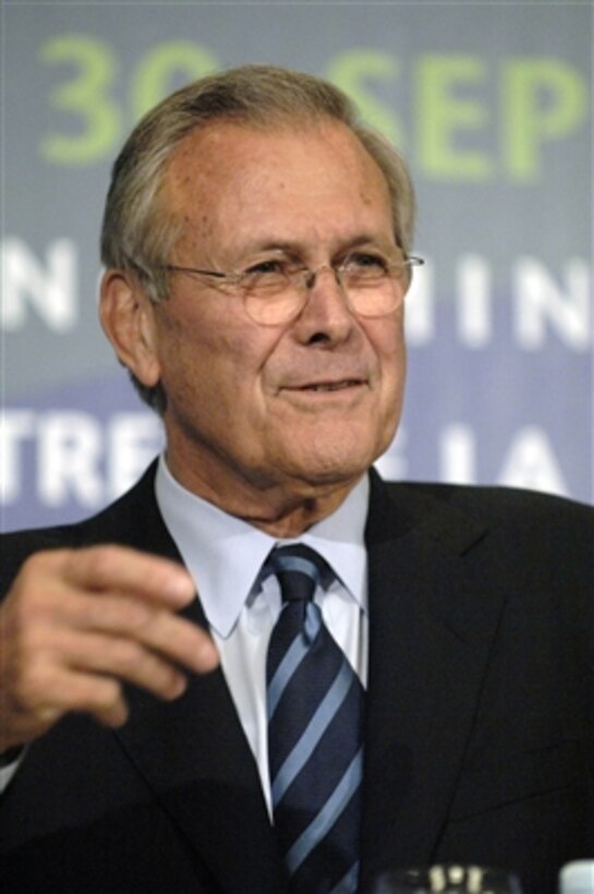 Secretary of Defense Donald H. Rumsfeld responds to a question during a press conference in Portoroz, Slovenia, on Sept. 28, 2006.  Rumsfeld is visiting Slovenia to attend the NATO Defense Ministerial meeting and conduct bilateral discussions with Slovenian leaders.  