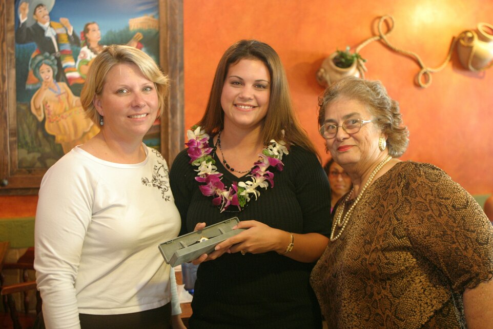 Major Beckett and GySgt Jerome of Third Battalion Third Marine Division, and Navy Relief Society Director, Mrs. Patricia Perry presents the third Meritorious, Volunteer of the Quarter award to Mrs. Beth Cooling, wife of LtCol Cooling of Third Battalion Third Marine Division on 29 September 2006 at Cisco's Cantino in Kailua, Hawaii. Awards were also presented to Abby Hammond for 100 volunteer hours, Donna Nebelsiek for 300 hours, and to Christina Harlow for 1000 hours.