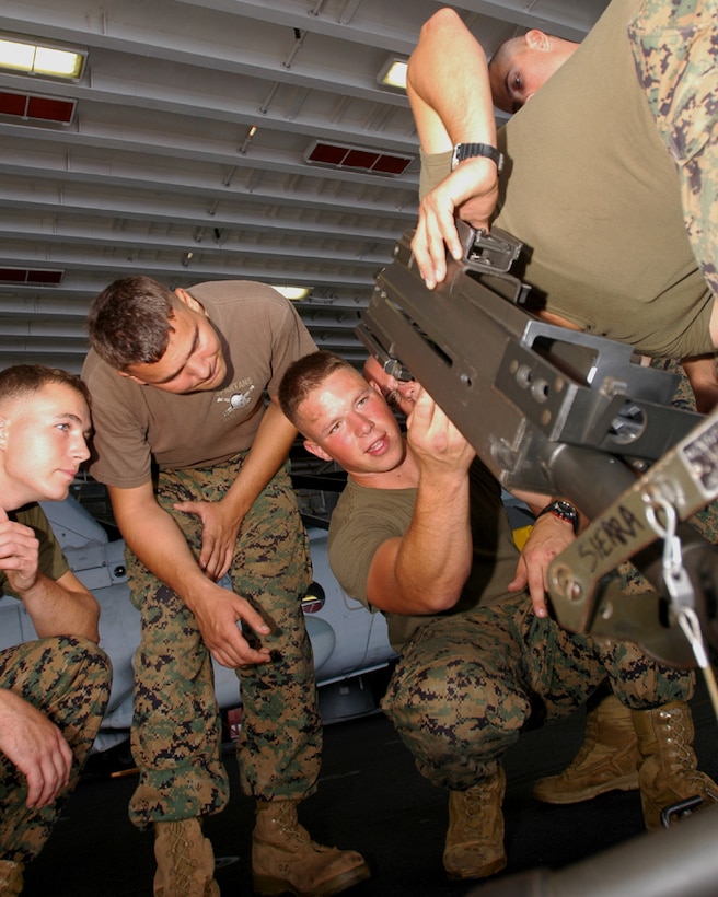 PACIFIC OCEAN (Oct. 2, 2006)--Marine SSgt. Anthony Alongi assigned to the 5th Battalion 11th Marines Sierra Battery Company attached to the 15th Marine Expeditionary Unit/Special Operations Capable (MEU/SOC) deployed aboard USS Boxer (LHD 4) shows fellow Marines how to operate an Mk19 machine gun.  Boxer is the flag ship for the Boxer Expeditionary Strike Group (BOXESG), operating out of San Diego, Calif.; which is reporting operationally to Commander, Expeditionary Strike Group (ESG) 7/ Task Force (CTF) 76, the Navy's only forward-deployed amphibious task force.  U.S. Navy photo by Mass Communication Specialist Seaman Derek R. Sanchez. (RELEASED)