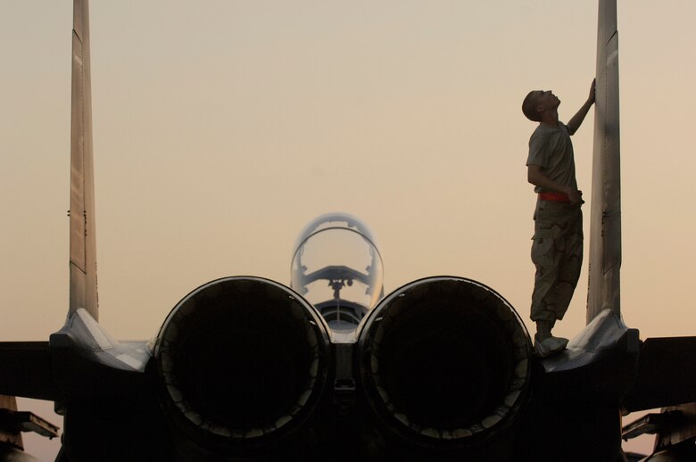 Airman 1st Class Kevin Romer performs a post-flight inspection an F-15E Strike Eagle at a forward-deployed base in Southwest Asia Sept. 21. Airman Romer is an F-15E crew chief assigned to the 494th Aircraft Maintenance Unit. (U.S. Air Force photo/Master Sgt. Scott Wagers) 
