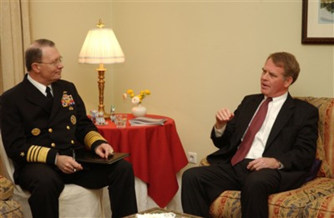 Navy Adm. Edmund P. Giambastiani, vice chairman of the Joint Chiefs of Staff, meets with U.S. Ambassador to Slovenia Thomas Robertson, right, at the ambassador's residence in Ljubljana, Slovenia, March 30, 2007.