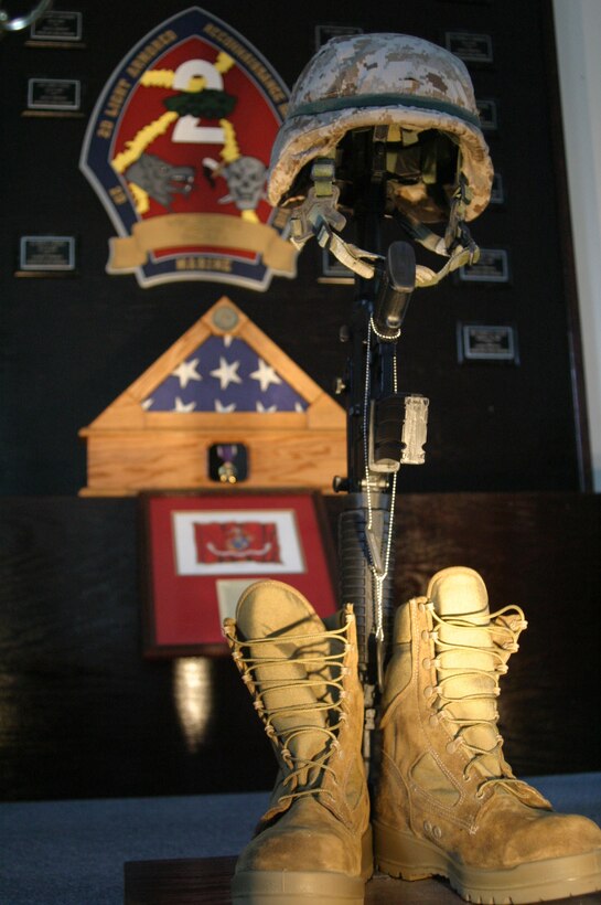 MARINE CORPS BASE CAMP LEJEUNE, N.C.- A memorial for the fallen heroes of 2nd Light Armored Reconnaissance Battalion, 2nd Marine Division, is prominently displayed in the battalion office. The memorial displays the names of the 21 Marines who gave their lives while serving with the unit in support of the Global War on Terrorism, four of whom made the ultimate sacrifice on the battalion's recent deployment to Iraq. The battalion conducted counter-insurgency operations in the southwest region of the Al Anbar province of Iraq. This was their third deployment in support of Operation Iraqi Freedom. (Official U.S. Marine Corps photo by Cpl. Lucian Friel (RELEASED)