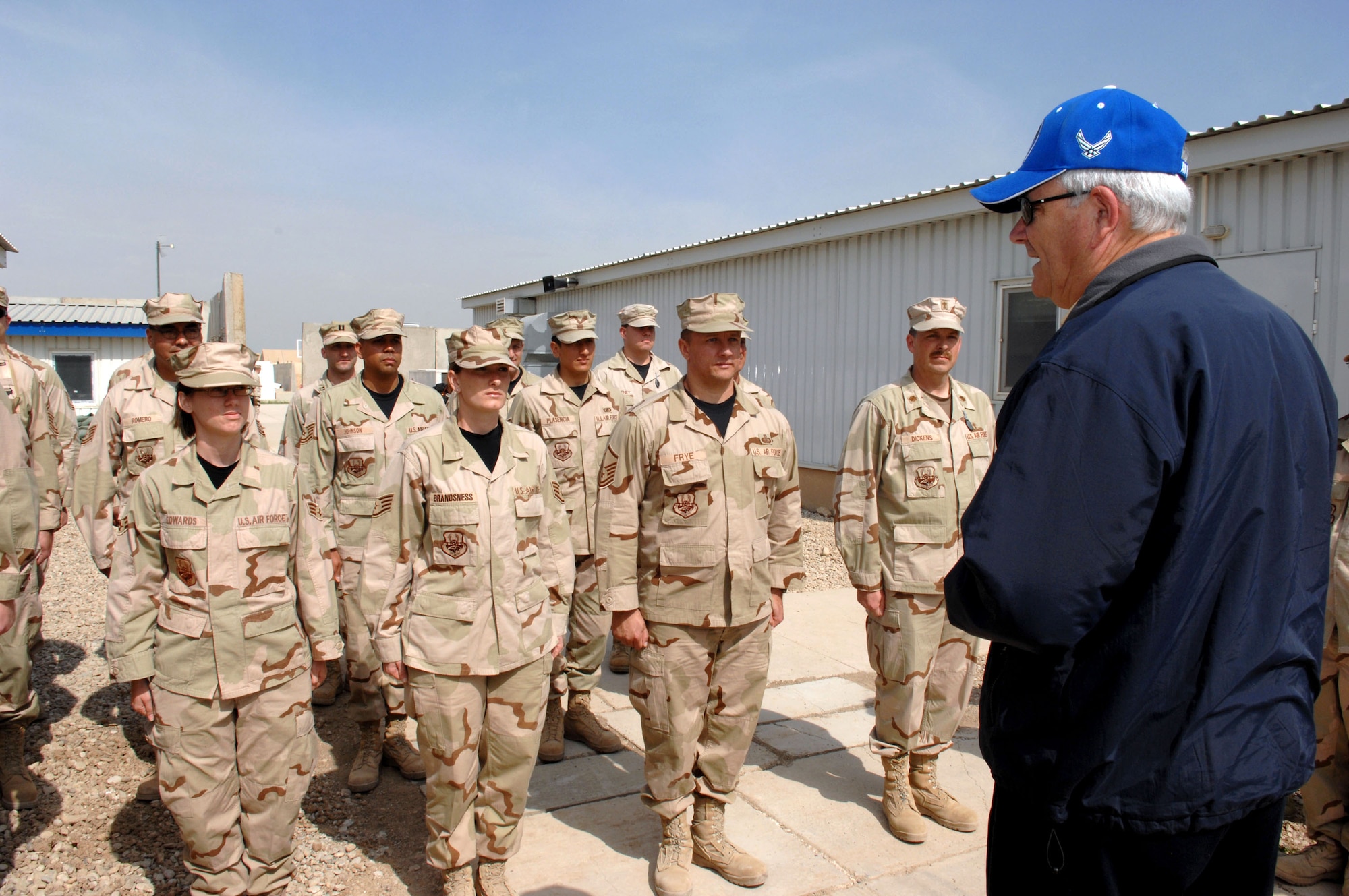 Secretary of the Air Force Michael W. Wynne talks with Airmen of the 506th Air Expeditionary Group while visiting March 28 at Kirkuk Regional Air Base in Iraq. (U.S. Air Force photo/Senior Airman Bradley A. Lail) 
