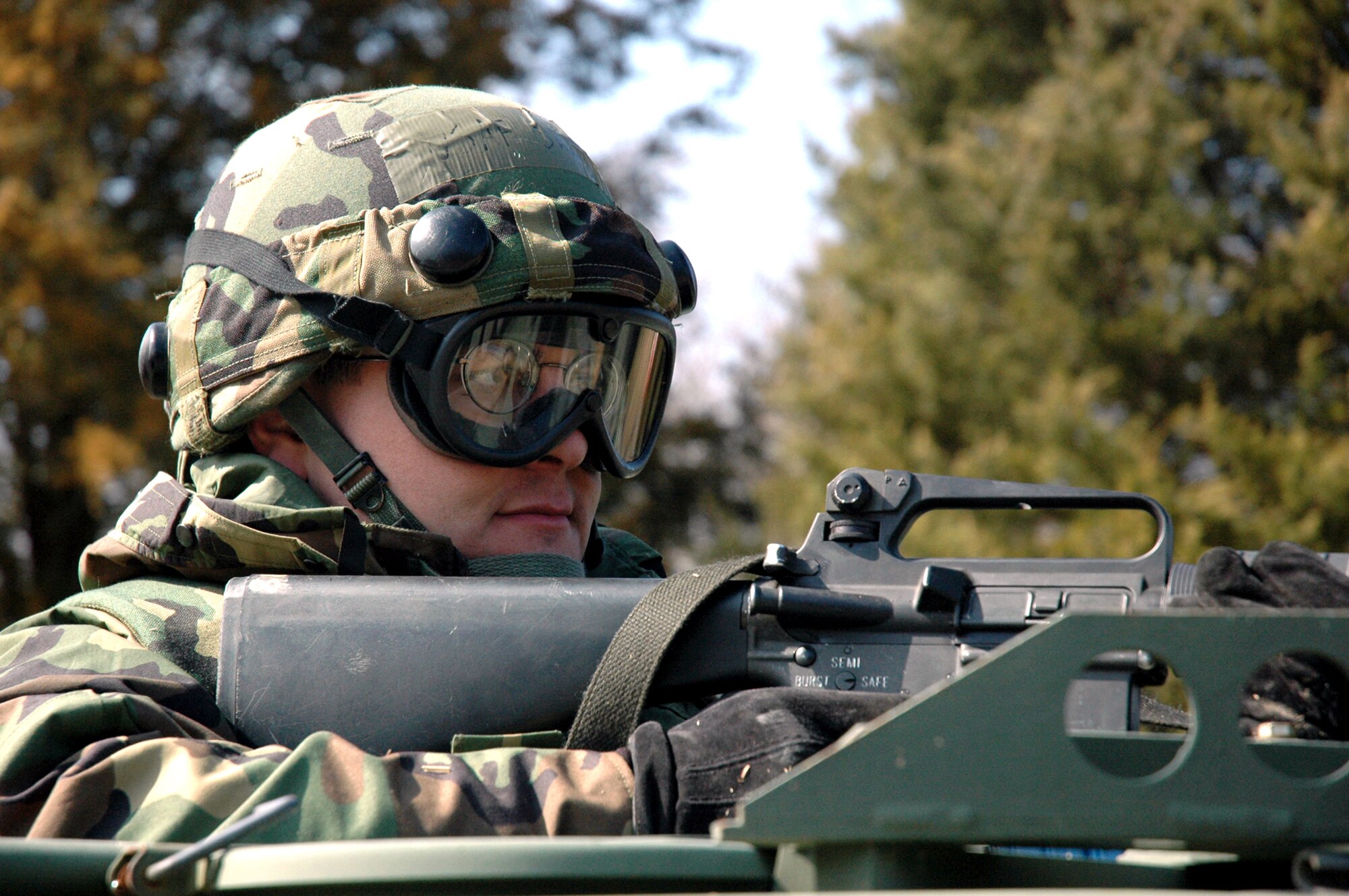 U.S. Air Force Staff Sgt. Tim Shaw, Air Force Reserve Command Band member, Warner-Robbins Air Force Base, Ga., participates in a convoy as part of a "final mission" for the Air Force Advanced Contingency Skills Training Course 07-2B March 21, 2007, at Fort Dix, N.J.  The course, taught by the U.S. Air Force Expeditionary Center's 421st Combat Training Squadron, prepared nearly 300 Airmen for upcoming deployments.  Sergeant Shaw was one of 10 AFRC Band attending the training.  It's the first time Air Force band members have received this style of combat skills training.  (U.S. Air Force Photo by Tech. Sgt. Scott T. Sturkol)