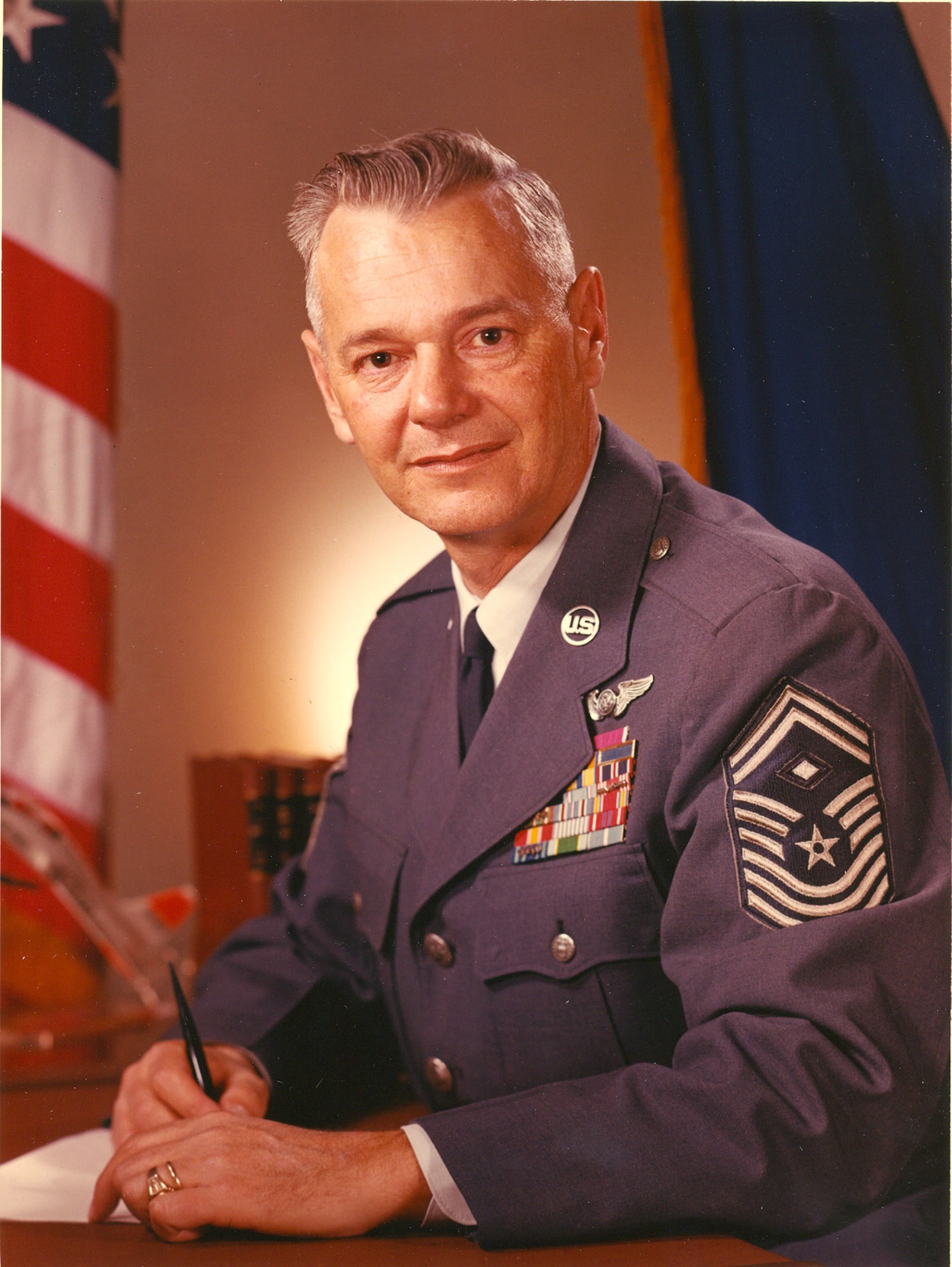 Chief Master Sgt. Paul Airey was selected as the first chief master sergeant of the Air Force on April 3, 1967.  During his tenure he visited many bases and talked with many Airmen about improving conditions for the enlisted force.  (U.S. Air Force file photo)
