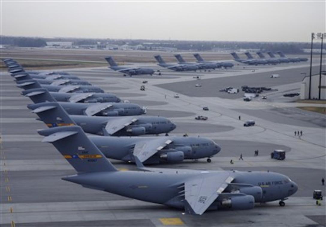 C-17 Globemaster IIIs, like these, provide intra-theater heavy airlift support, helping to sustain operations throughout Afghanistan, Iraq and the Horn of Africa.