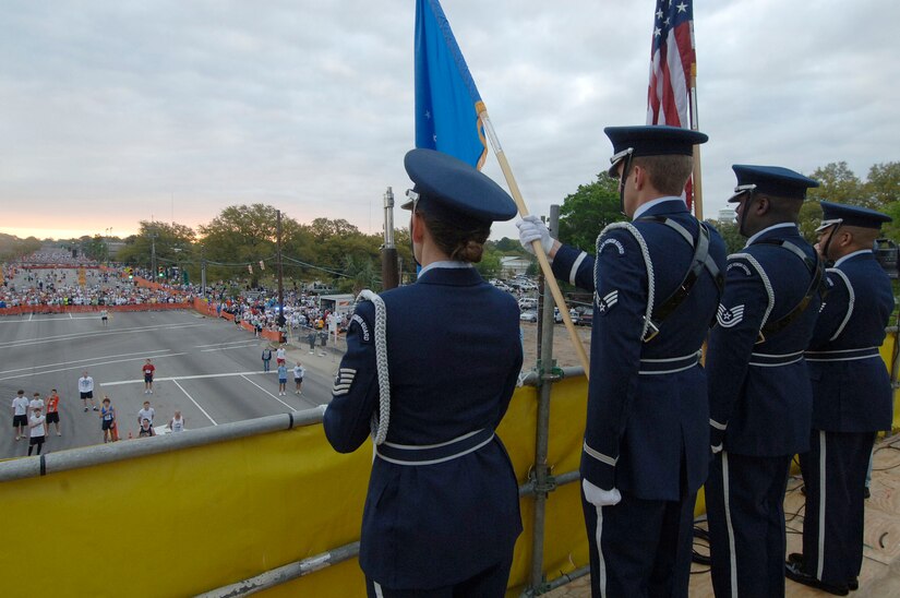 The 315th Airlift Wing Honor Guard posts the colors prior to the begining of the 30th Annual Cooper River Bridge 10k walk/run the morning of March 31 at Charleston, S.C. (U.S. Air Force photo/Staff Sgt. April Quintanilla)