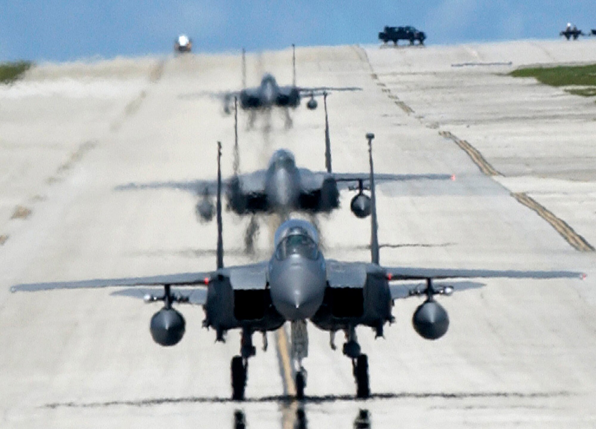 F-15E Strike Eagles, like these, provide infrastructure protection and support to coalition troops, reconstruction activities and operations to deter and disrupt terrorist activities.  (U.S. Air Force photo/Airman 1st Class Michael S. Dorus)