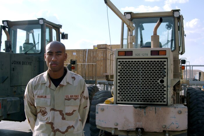 Airman 1st Class Luther Franklin, 437th Aerial Port Squadron, is an air transportation journeyman currently assigned to the Aerial Port Flight with the 332nd Expeditionary Logistics Readiness Squadron at Balad Air Base, Iraq. (U.S. Air Force photo by Senior Airman Candace Romano)