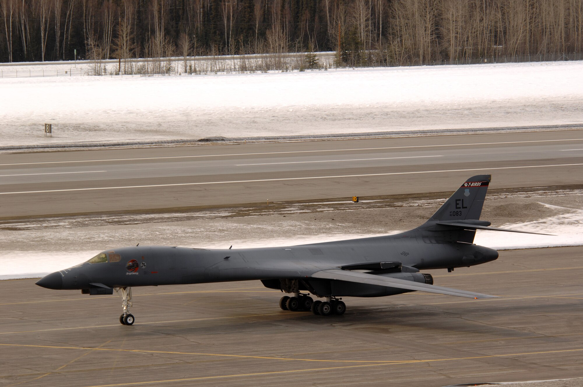 EIELSON AIR FORCE BASE, Alaska -- A B-1B Lancer from Ellsworth Air Force Base, South Dakota, taxi on the flightline here on Apr 3 for Red Flag-Alaska 07-1. Red Flag-Alaska allows aircrews to practice large-scale combat missions. The exercises are conducted on the Pacific Alaskan Range Complex with air operations flown out of Eielson and Elmendorf Air Force bases. (U.S. Air Force Photo by Staff Sgt Joshua Strang)