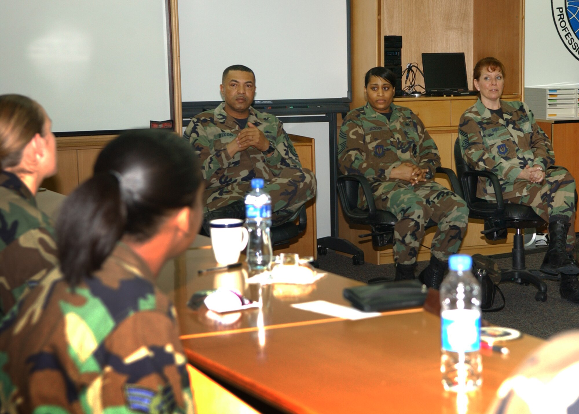 Chief Master Sgt. Alfred Dixon, 39th Mission Support Group superintendent, sits on a chief's panel during an Airman Leadership Classs here April 3. Chief Dixon is set to retire April 17 after nearly 30 years of active duty Air Force service. (U.S. Air Force photo by Tiffany Colburn)