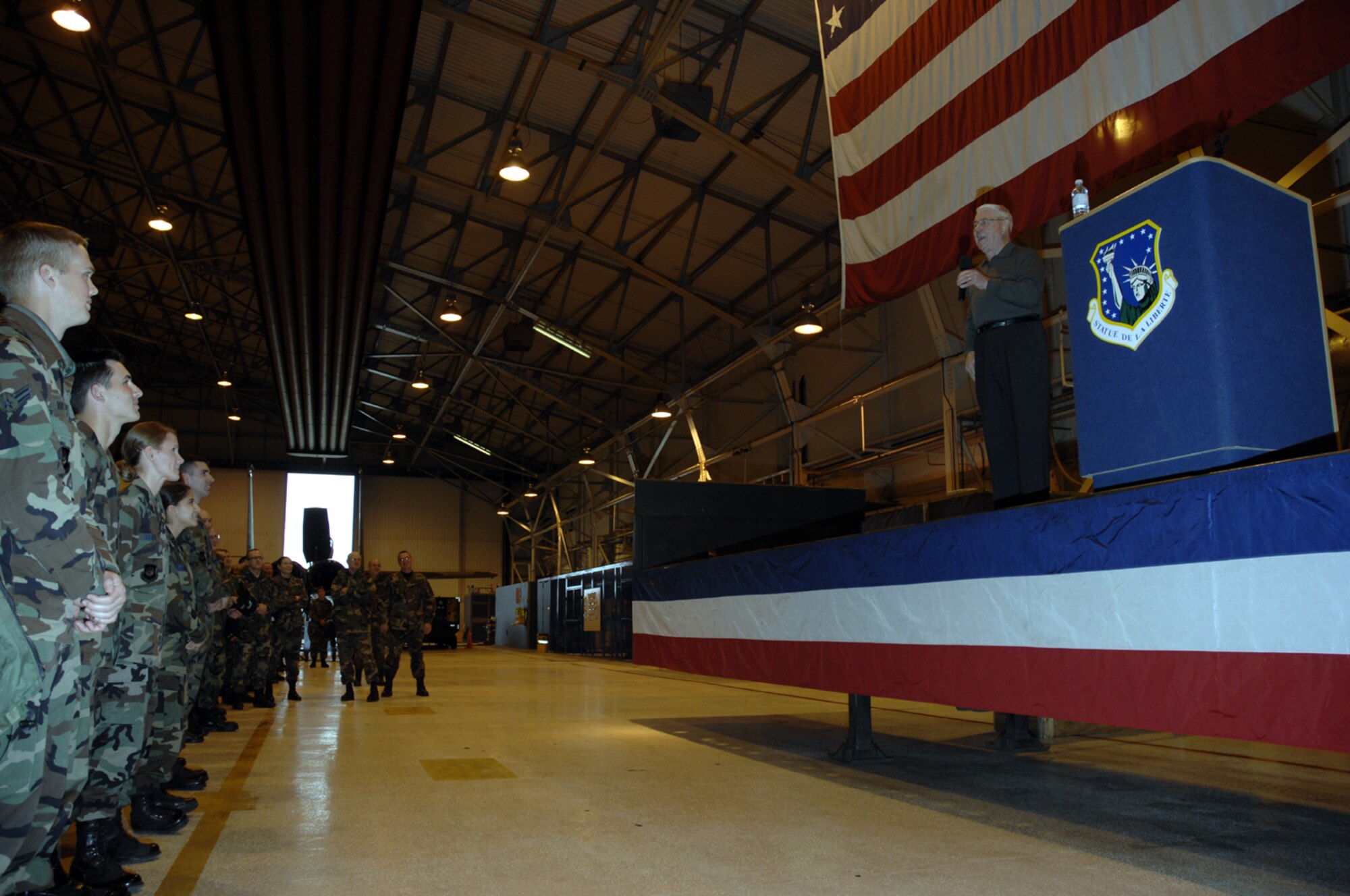 The fifth Chief Master Sergeant of the Air Force, retired Chief Master Sgt. Robert Gaylor adresses RAF Lakenheath Airmen at an enlisted call March 29. Lakenheath was Chief Gaylor's first visit on his European tour to share his knowledge and experience with Airmen.