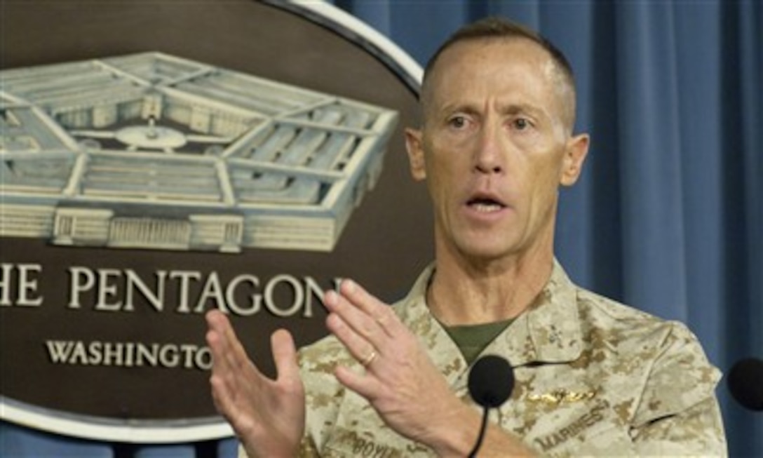 U.S. Marine Col. Gregory Boyle, commander, Wounded Warrior Regiment, briefs reporters at the Pentagon, April 4, 2007, on the newly established Wounded Warrior Regiment program. Boyle explained that the unit will provide assistance to ill, injured and wounded Marines, and sailors attached to or in support of Marine units, and their family members, throughout the phases of recovery once they reach outpatient status.