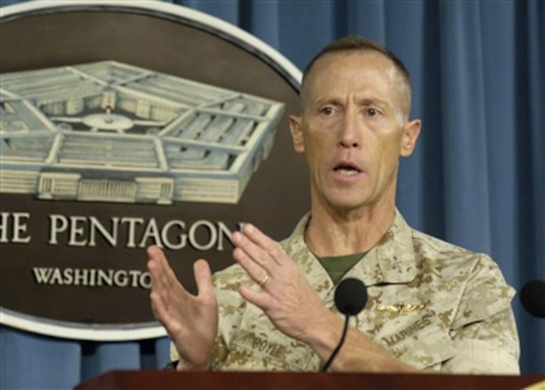 Col. Gregory A. D. Boyle, U.S. Marne Corps, briefs reporters in the Pentagon on the newly established Wounded Warrior Regiment program on April 4, 2007.  Boyle commands the Wounded Warrior Regiment from his headquarters in Quantico, Va., providing assistance to ill, injured and wounded Marines and sailors attached to or in support of Marine units and their family members throughout the phases of recovery once they reach outpatient status.  The support will include resources and referral for administrative needs and other non-medical needs.  There will be two battalions within the regiment, one at Camp Lejeune, N. C., and one at Camp Pendleton, Calif.  