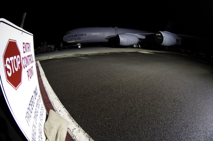 FAIRCHILD AIR FORCE BASE, Wash. - A KC-135 “Stratotanker” is towed past an entry control point here during an exercise conducted by the 92nd Air Refueling Wing recently. The initial production of the “Stratotanker” was delivered to Castle Air Force Base, Calif. in June 1957 and has a maximum transfer fuel load of 200,000 pounds. (U.S. Air Force photo/Senior Airman Anthony P. Ennamorato)