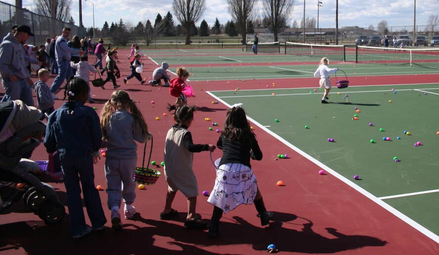 FAIRCHILD AIR FORCE BASE, Wash. -- During the annual Easter egg hunt at here April 1, the children, aged two to five, take off after the multicolored plastic eggs scattered across the tennis court. The children move just as fast as their legs will take them from egg to egg to try and fill up their Easter egg baskets. During the course of the day, the children were even visited by the Easter bunny. (U.S. Air Force photo/Corrine Brown)