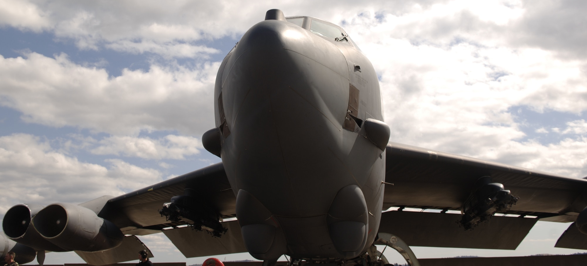FAIRCHILD AIR FORCE BASE, Wash. – The B-52 Stratofortress is an uncommon sight on Fairchild’s flightline. This week, six B-52s are holding at Fairchild, evacuated from Andersen Air Force Base,Guam, because of typhoon warnings. The B-52s are originally from Barksdale Air Force Base, La. (U.S. Air Force photo by Airman 1st Class Nancy Hooks.)