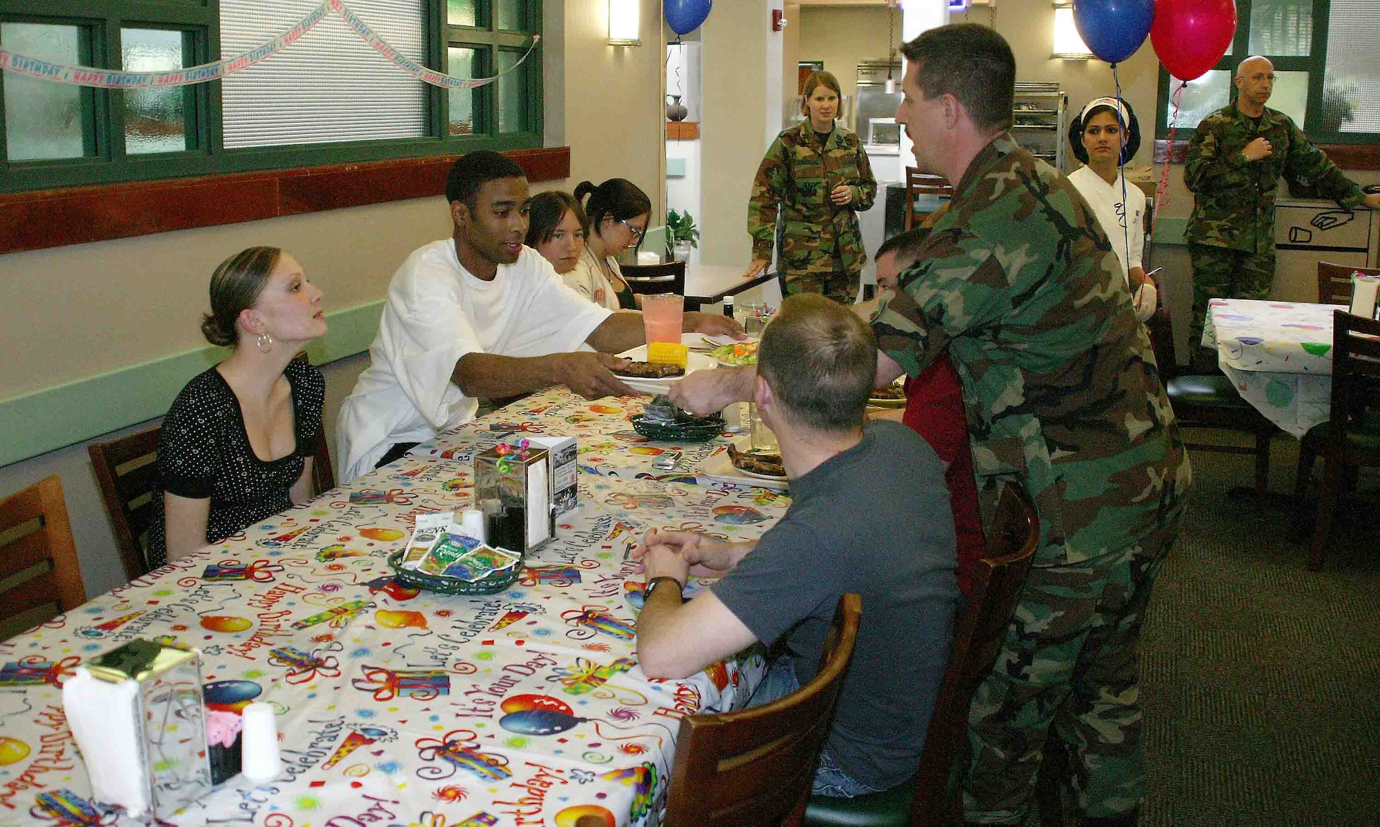 SHAW AIR FORCE BASE, S.C. -- Airmen enjoy a birthday dinner April 4 at the Chief Master Sgt. Emerson E. Williams Dining Facility. Each month the dining facility hosts a steak dinner for Airmen celebrating their birthday. Senior wing leadership and supervisors also attend the dinner to spend time with the Airmen. (U.S. Air Force photo/Senior Airman John Gordinier)