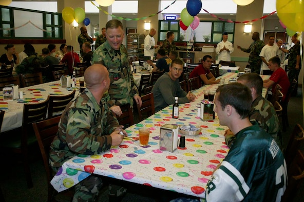 SHAW AIR FORCE BASE, S.C.-- Airmen enjoy a birthday dinner April 4 at the Chief Master Sgt. Emerson E. Williams Dining Facility. Each month the dining facility hosts a steak dinner for Airmen celebrating their birthday. Senior wing leadership and supervisors also attend the dinner to spend time with the Airmen. (U.S. Air Force photo/Senior Airman John Gordinier)