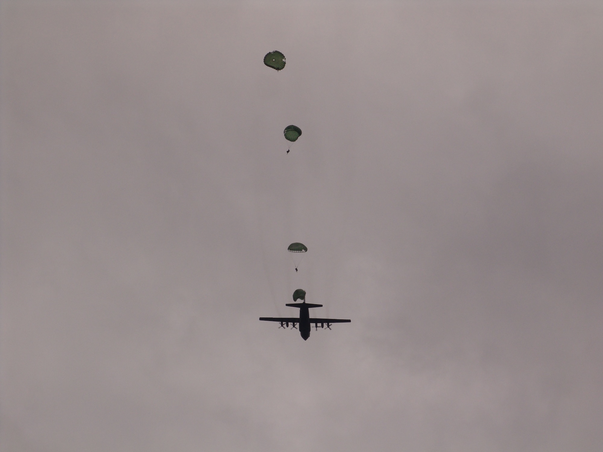 Air Reserve paratroopers from the 861st Quartermaster Company in Nashville, Tenn., jump out of a Tennessee Air National Guard C-130 Hercules over Arnold Air Force Base, Tenn., April 1 during a mock-deployment exercise.  (Photo by Claude Morse)