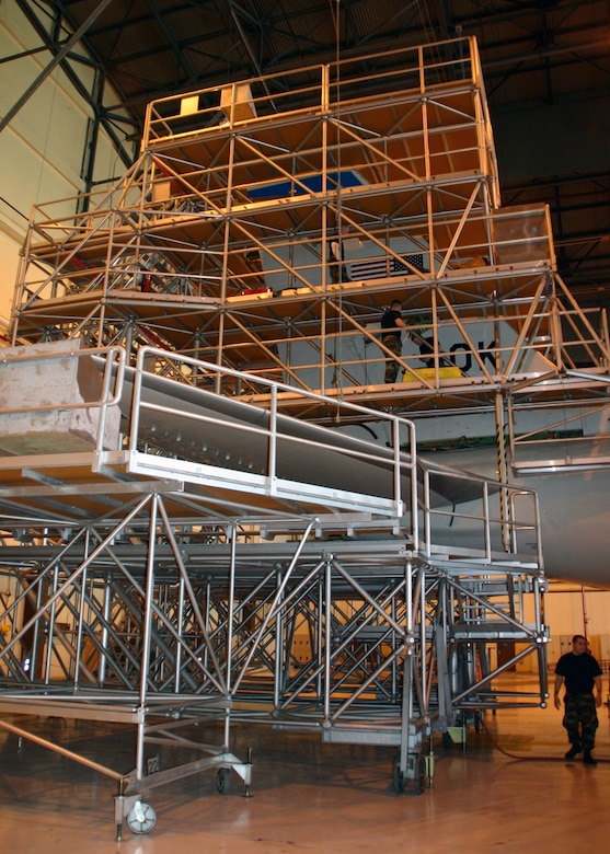 (TINKER AIR FORCE BASE, Okla) A 552nd Air Control Wing E-3 Sentry aircraft sits in one of the maintenance docks during its isochronal inspection.  Changes to the way Airmen conduct ISO inspections have moved the timeframe from every 180 days to once a year.  (Air Force photo by Staff Sgt. Stacy Fowler)