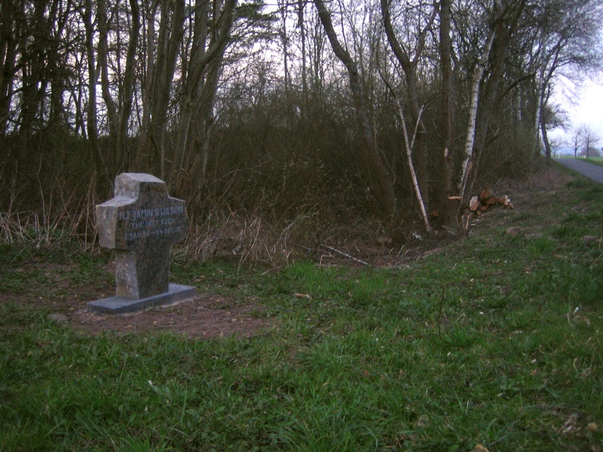 SPANGDAHLEM AIR BASE, GERMANY -- Spangdahlem Air Base set up a memorial a the location of 1st Lt. Jamin Wilson, 52nd Communications Squadron, fatal accident to serve as a permanent reminder of his contributions to the base. (Courtesy photo)